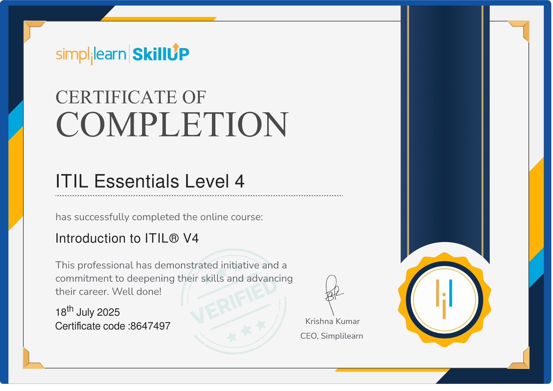 Simplilearn certificate of completion issued to Shane Anderson for ITIL Essentials Level 4 on 18 July 2025.