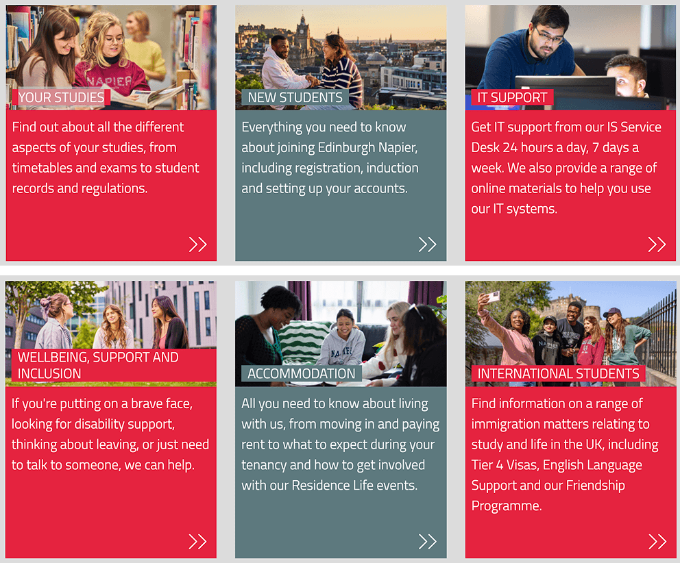 Student intranet content cards for Your Studies, New Students, IT Support, wellbeing, accommodation and international students.