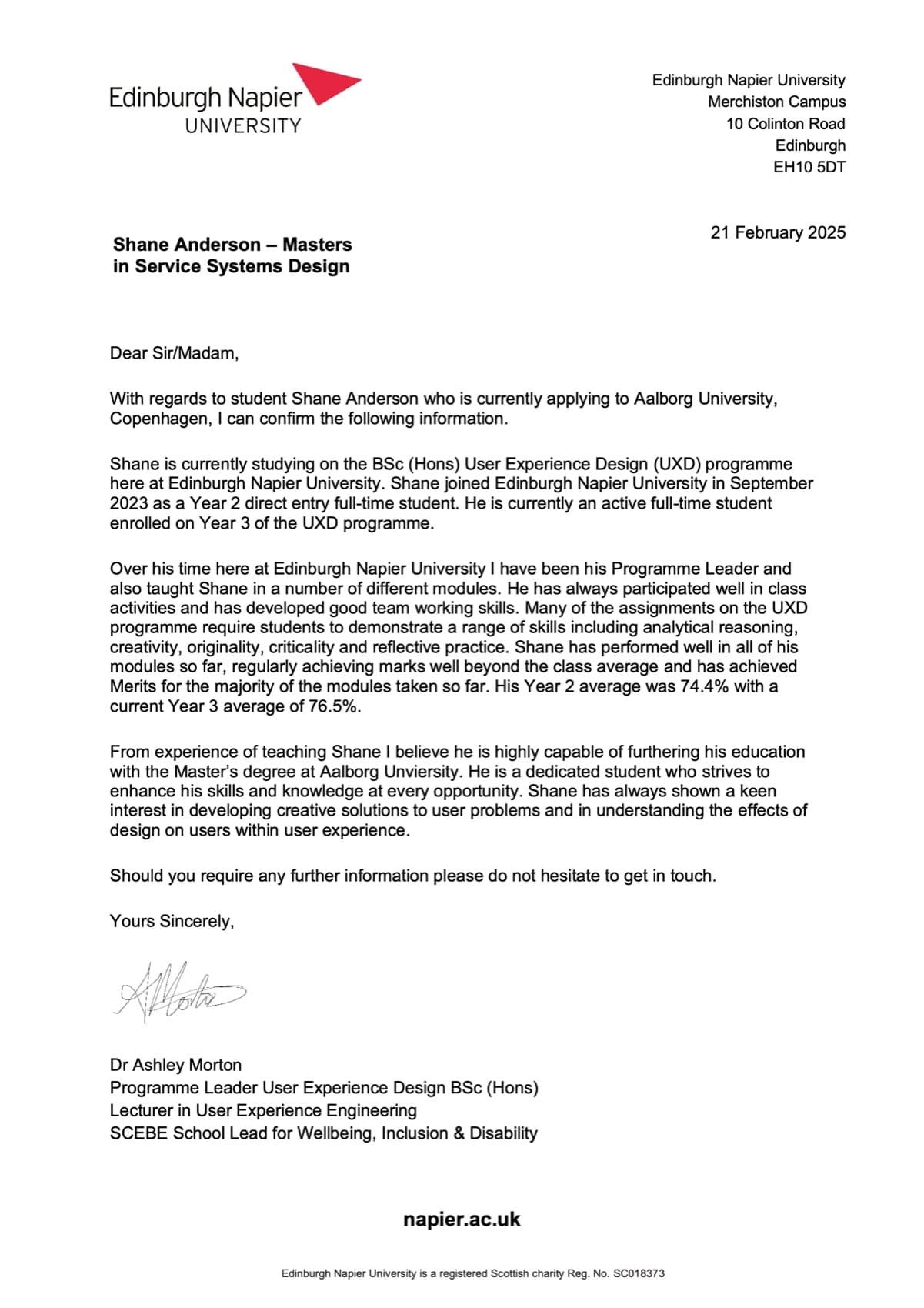 Scanned Edinburgh Napier University academic reference dated 21 February 2025, signed by Dr Ashley Morton.
