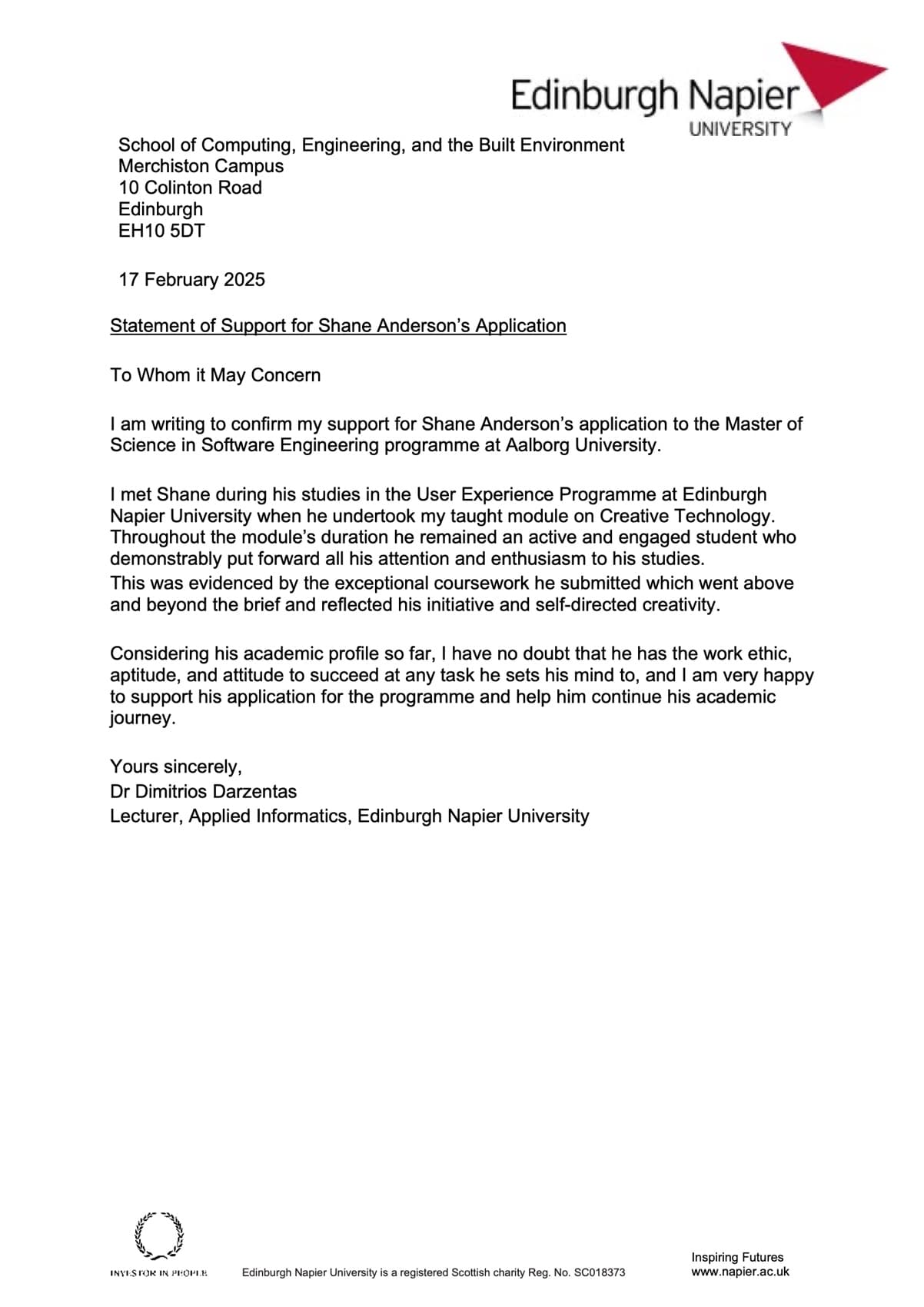 Scanned statement of support on Edinburgh Napier University letterhead dated 17 February 2025 and signed by Dr Dimitrios Darzentas.