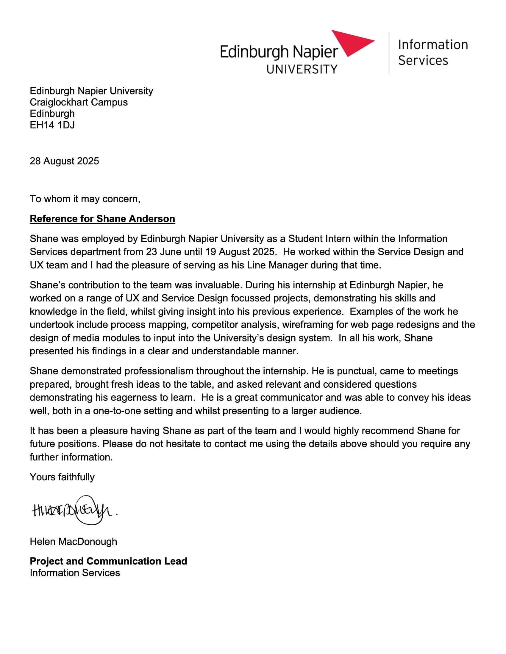 Scanned Edinburgh Napier University Information Services reference letter dated 28 August 2025, with Helen MacDonough's signature.