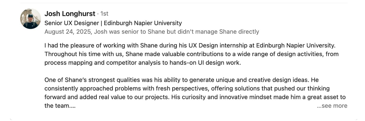 Screenshot of the visible portion of Josh Longhurst's LinkedIn recommendation, including his profile photograph, role, date and the see more truncation.