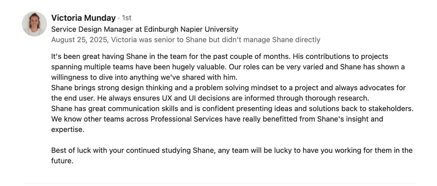 Screenshot of Victoria Munday's LinkedIn recommendation, including her profile photograph, role, date, context and complete recommendation text.