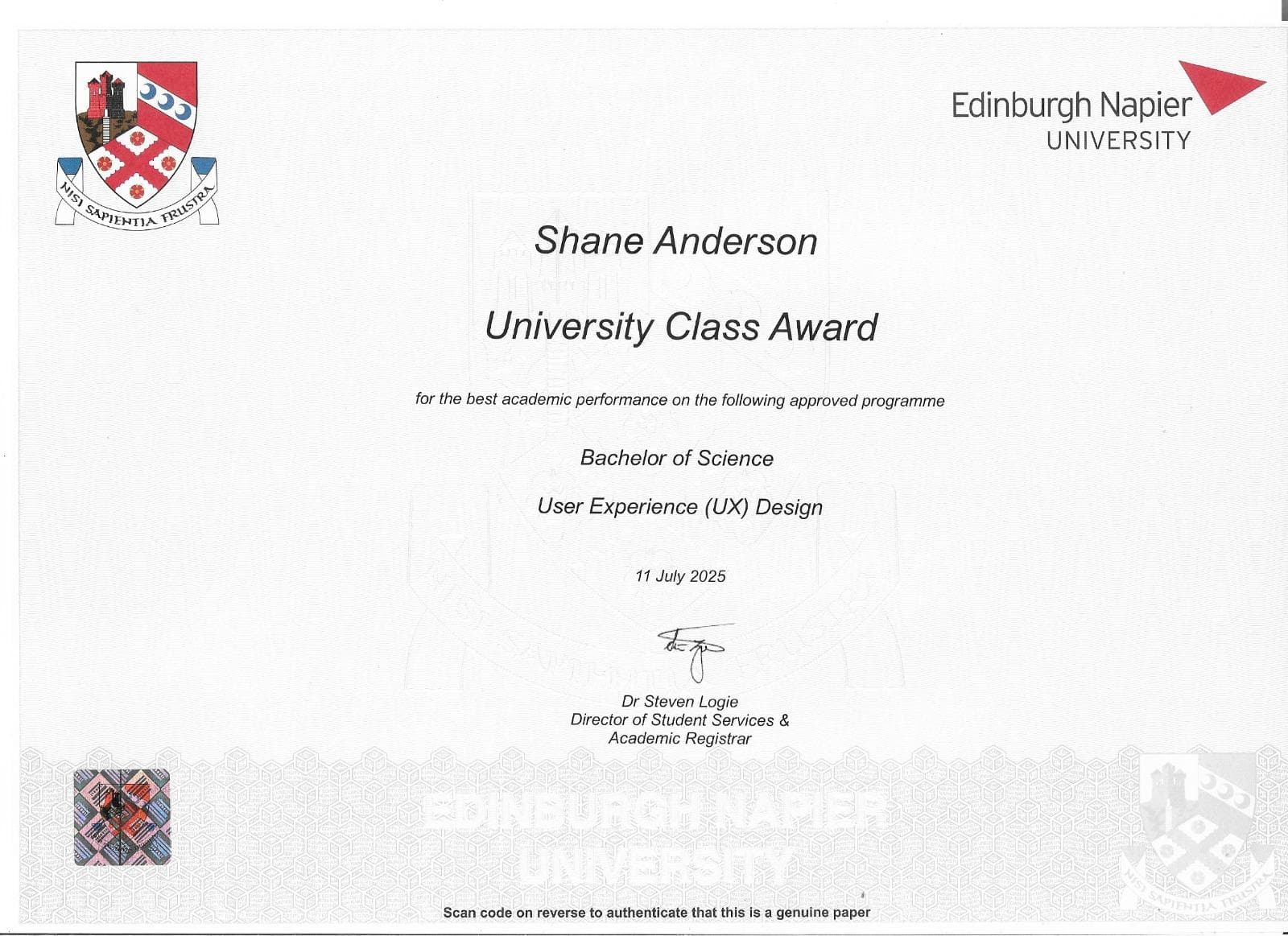 University Class Award certificate presented to Shane Anderson by Edinburgh Napier University on 11 July 2025 for the best academic performance on the BSc User Experience (UX) Design programme.